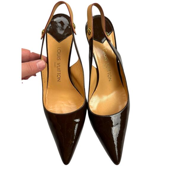 Louis Vuitton Brown Patent Leather Slingback Heels Pumps SZ 38 Italy W/Dustbag - Picture 2 of 13